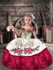 Wonderful Coral Red Organza Lace Up Little Girls Pageant Dress Sleeveless Floor Length Beading and Embroidery and Ruffles