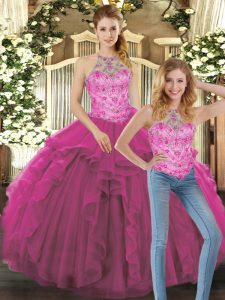 Latest Halter Top Sleeveless Tulle Vestidos de Quinceanera Beading and Ruffles Lace Up