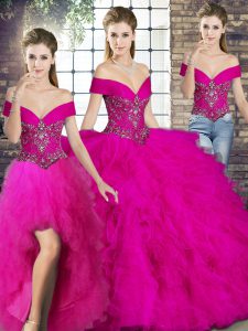 Top Selling Tulle Off The Shoulder Sleeveless Lace Up Beading and Ruffles Quinceanera Dress in Fuchsia