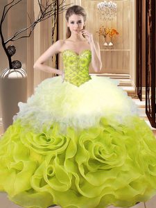 Sweetheart Sleeveless Ball Gown Prom Dress Floor Length Beading and Ruffles Multi-color Organza