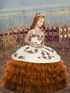 Sleeveless Organza Floor Length Lace Up Pageant Gowns For Girls in Brown with Ruffled Layers