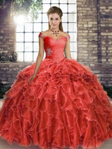 Cheap Coral Red Organza Lace Up Off The Shoulder Sleeveless Sweet 16 Dresses Brush Train Beading and Ruffles