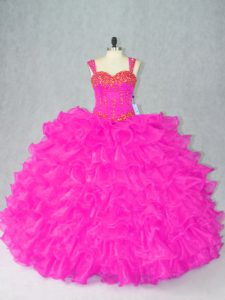 Fuchsia Lace Up Quince Ball Gowns Beading and Ruffles Sleeveless Floor Length