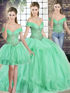 Apple Green Three Pieces Off The Shoulder Sleeveless Tulle Floor Length Lace Up Beading and Ruffles 15 Quinceanera Dress