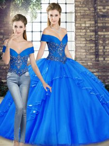 Sumptuous Royal Blue Tulle Lace Up Off The Shoulder Sleeveless Floor Length 15 Quinceanera Dress Beading and Ruffles