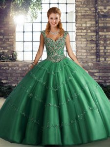 Modern Straps Sleeveless Lace Up Quinceanera Gown Green Tulle