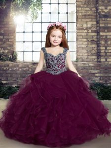 Purple Lace Up Straps Beading and Ruffles Little Girl Pageant Dress Tulle Sleeveless
