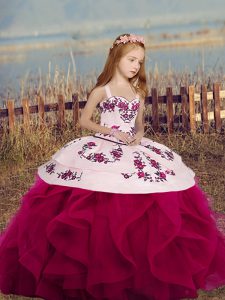 Fuchsia Mermaid Straps Sleeveless Embroidery and Ruffles Floor Length Lace Up Little Girls Pageant Dress