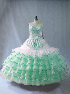 Luxurious Apple Green Sleeveless Embroidery and Ruffled Layers Floor Length Quinceanera Gowns