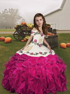 Floor Length Lace Up Child Pageant Dress Fuchsia for Party and Wedding Party with Embroidery and Ruffles