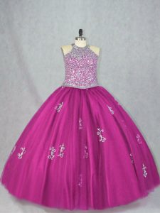 Fuchsia Ball Gowns Beading and Appliques Sweet 16 Dress Lace Up Tulle Sleeveless Floor Length