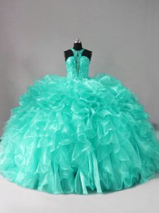 Beading and Ruffles 15 Quinceanera Dress Aqua Blue Zipper Sleeveless Brush Train