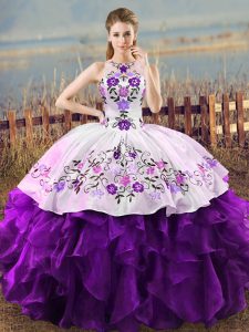 Adorable White And Purple Organza Lace Up Quince Ball Gowns Sleeveless Floor Length Embroidery and Ruffles