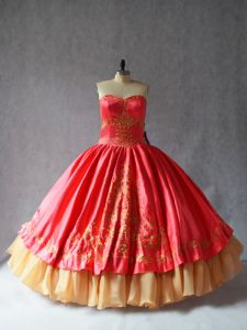 Sleeveless Satin and Organza Floor Length Lace Up Ball Gown Prom Dress in Coral Red with Embroidery