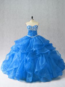 Blue Ball Gowns Sweetheart Sleeveless Organza Floor Length Lace Up Beading and Ruffles Quinceanera Dresses