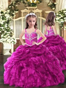 Latest Fuchsia Sleeveless Beading and Ruffles Floor Length Little Girl Pageant Gowns