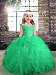 Straps Long Sleeves Tulle Kids Formal Wear Beading and Ruffles Lace Up