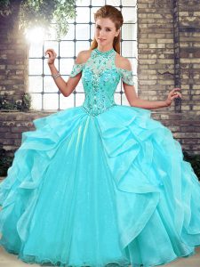 Aqua Blue Halter Top Neckline Beading and Ruffles Vestidos de Quinceanera Sleeveless Lace Up