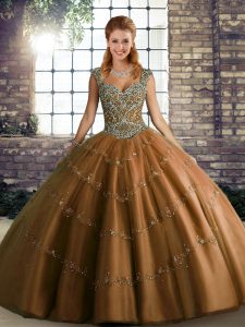 Brown Tulle Lace Up Vestidos de Quinceanera Sleeveless Floor Length Beading and Appliques