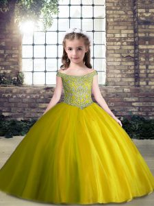 Sleeveless Tulle Floor Length Lace Up Little Girls Pageant Dress in Olive Green with Beading