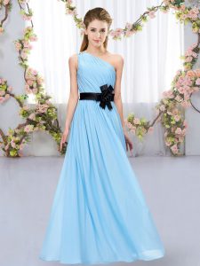 Modest Aqua Blue Chiffon Zipper One Shoulder Sleeveless Floor Length Court Dresses for Sweet 16 Belt