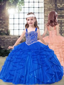 Floor Length Ball Gowns Sleeveless Royal Blue Little Girls Pageant Dress Lace Up