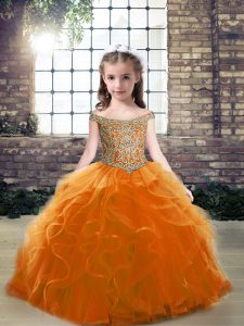 Admirable Tulle Off The Shoulder Sleeveless Lace Up Beading Little Girls Pageant Dress Wholesale in Orange