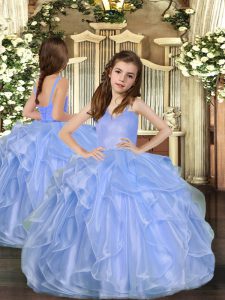 Graceful Blue Sleeveless Floor Length Ruffles Lace Up Kids Formal Wear