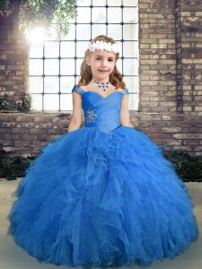 Attractive Blue Ball Gowns Tulle Straps Sleeveless Beading and Ruffles Floor Length Lace Up Pageant Dress Toddler