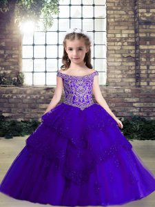 Sleeveless Lace Up Floor Length Beading and Lace and Appliques Little Girl Pageant Dress