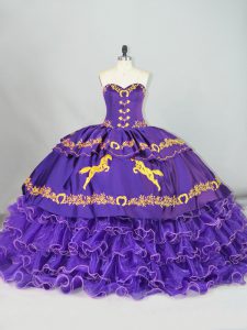 Free and Easy Sweetheart Sleeveless Brush Train Lace Up Quinceanera Gown Purple Satin and Organza