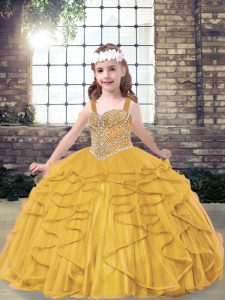 Elegant Gold Straps Neckline Beading and Ruffles Little Girl Pageant Gowns Sleeveless Lace Up