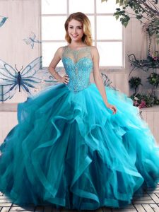 Discount Aqua Blue Ball Gowns Tulle Scoop Sleeveless Beading and Ruffles Floor Length Lace Up Quinceanera Gowns