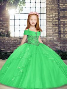 Green Ball Gowns Straps Sleeveless Tulle Floor Length Lace Up Beading Little Girl Pageant Dress