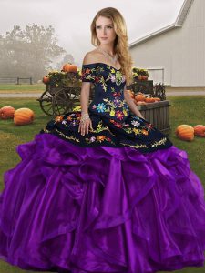 Gorgeous Floor Length Black And Purple 15 Quinceanera Dress Organza Sleeveless Embroidery and Ruffles