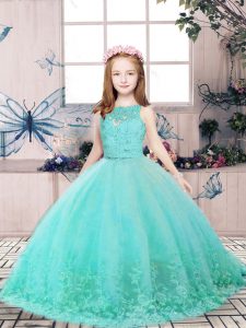 Affordable Floor Length Aqua Blue Little Girls Pageant Dress Tulle Sleeveless Lace and Appliques