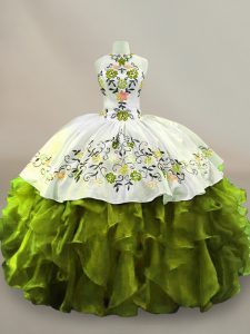 Extravagant Sleeveless Organza Floor Length Side Zipper Ball Gown Prom Dress in Olive Green with Embroidery and Ruffles