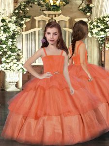 Fantastic Straps Sleeveless Pageant Gowns Floor Length Ruffled Layers Orange Red Organza