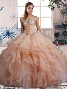 Fitting Pink Sleeveless Beading and Ruffles Floor Length Quinceanera Dress