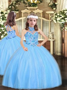 Floor Length Lace Up Girls Pageant Dresses Baby Blue and In with Appliques