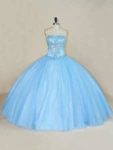 Blue Tulle Lace Up Ball Gown Prom Dress Sleeveless Floor Length Beading