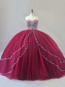 Best Burgundy Ball Gowns Tulle Sweetheart Sleeveless Beading Lace Up Quinceanera Gowns Brush Train