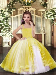 Sleeveless Floor Length Beading Lace Up Little Girls Pageant Dress Wholesale with Yellow