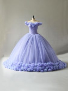 Elegant Sleeveless Hand Made Flower Lace Up 15th Birthday Dress with Lavender Court Train