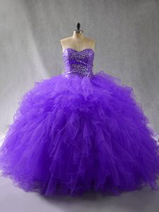 Tulle Sweetheart Sleeveless Lace Up Beading and Ruffles Sweet 16 Dresses in Purple