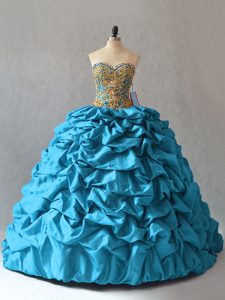 Taffeta Sweetheart Sleeveless Brush Train Lace Up Beading and Pick Ups Ball Gown Prom Dress in Aqua Blue