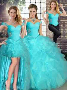 Off The Shoulder Sleeveless Organza Sweet 16 Dress Beading and Ruffles Lace Up