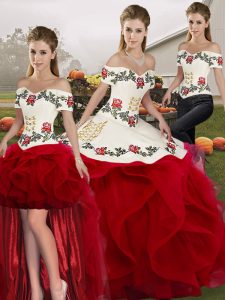 New Arrival White And Red 15th Birthday Dress Military Ball and Sweet 16 and Quinceanera with Embroidery and Ruffles Off The Shoulder Sleeveless Lace Up