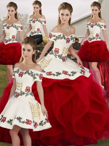 White And Red Off The Shoulder Neckline Embroidery and Ruffles Quince Ball Gowns Sleeveless Lace Up