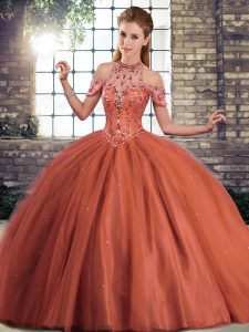 Dazzling Rust Red Ball Gown Prom Dress Tulle Brush Train Sleeveless Beading